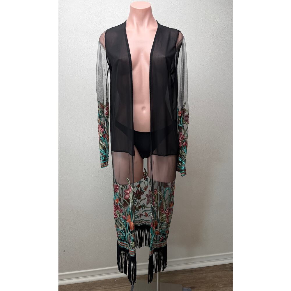 Sheer Floral Embroidered Fringe Kimono Duster Black Women’s M